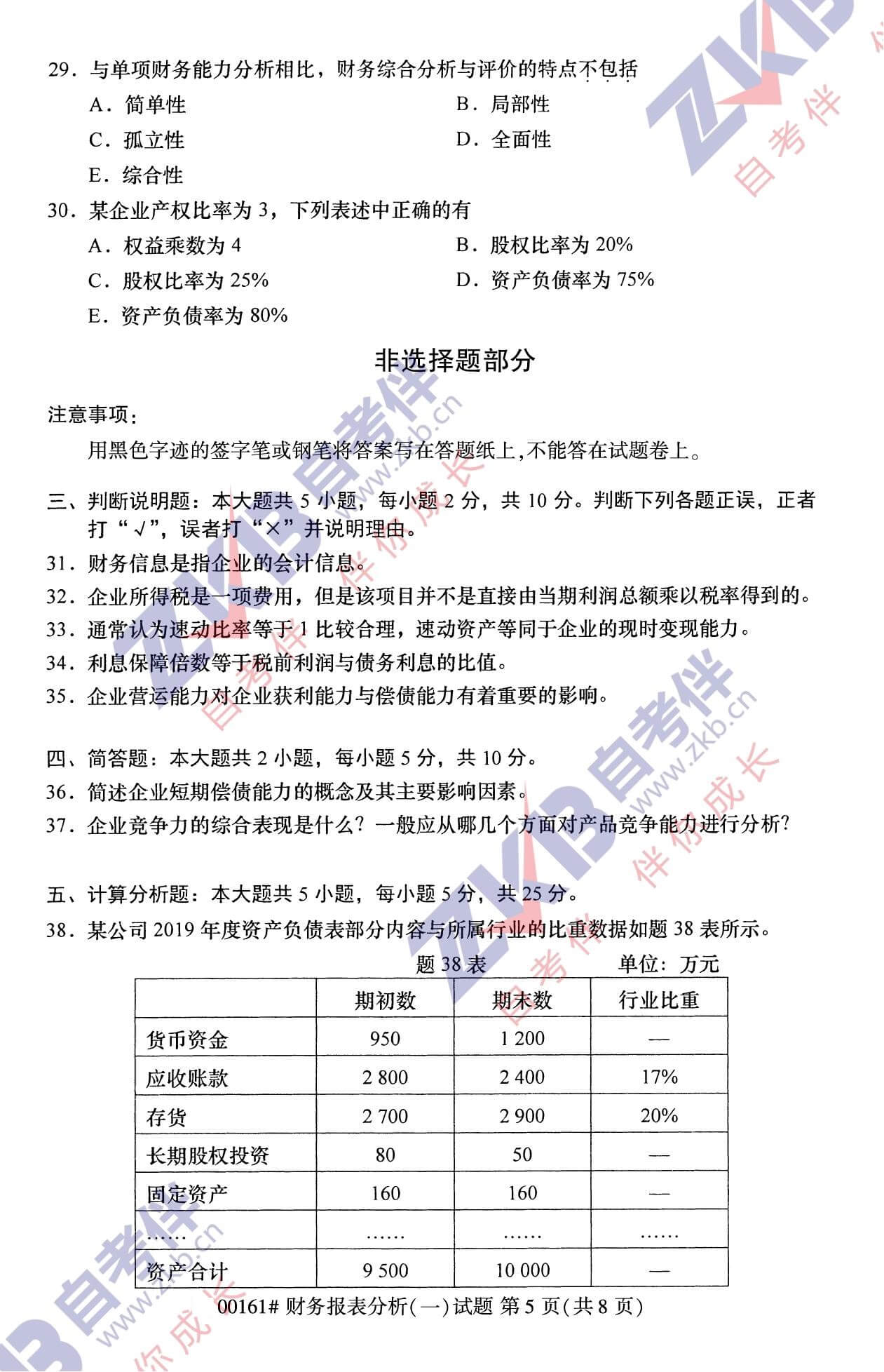 2021年10月福建自考00161财务报表分析(一)试卷